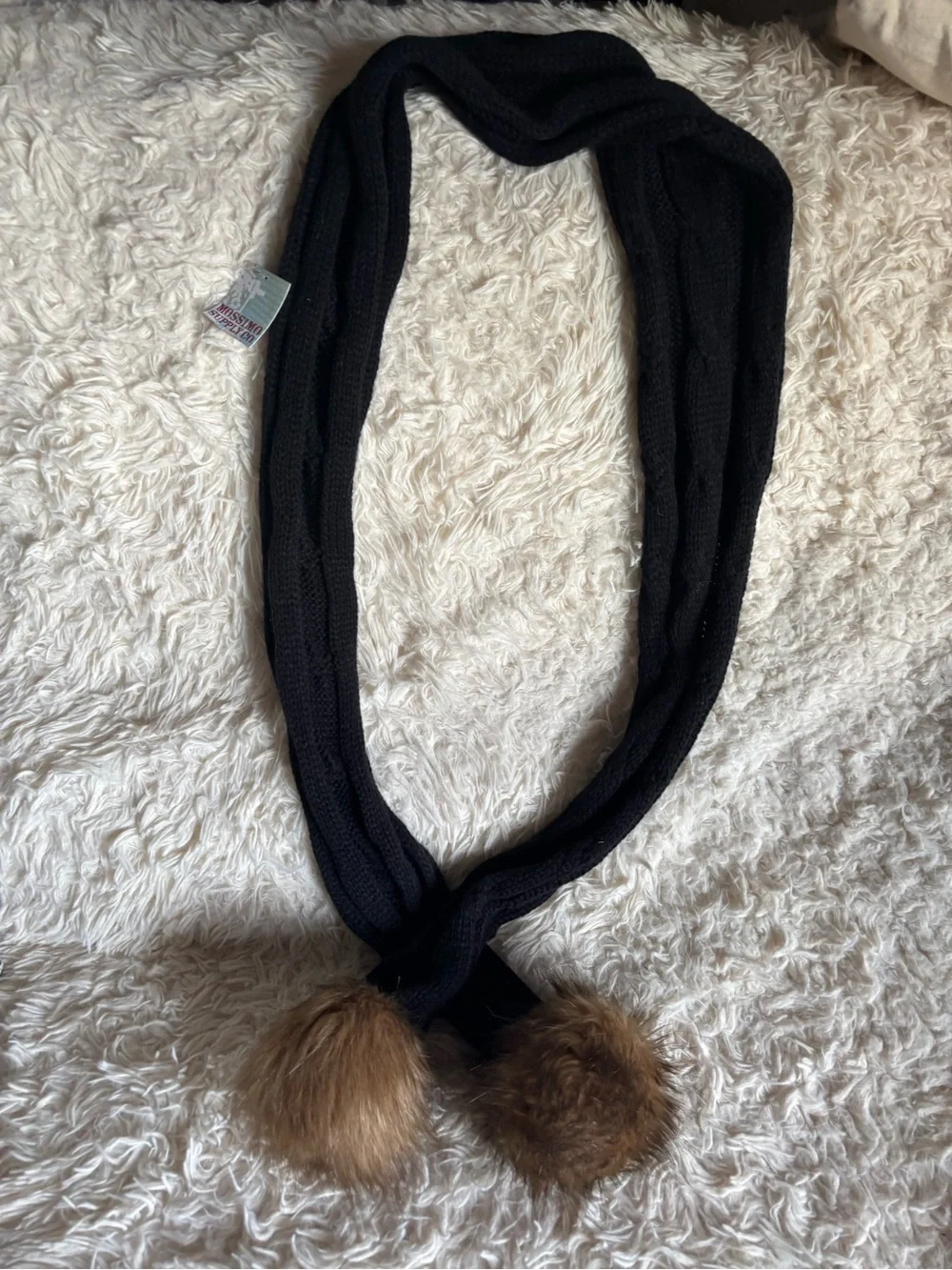 Chic Black Knit Scarf with Brown Faux Fur Pom-Poms